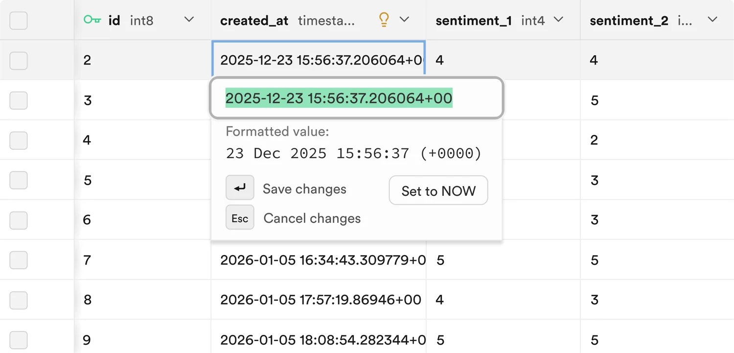 The Supabase table editor showing a table with rows of data.