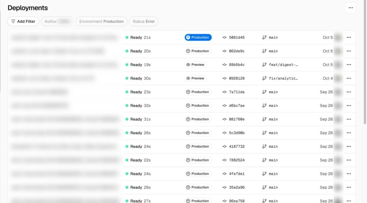 Vercel's Deployments page listing preview builds for branches and production builds from main.